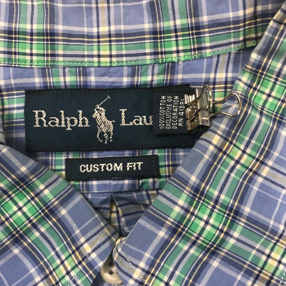 Ralph Lauren Mens XL‎ Custom Fit Plaid Button Down Shirt Blue Green Long Sleeve